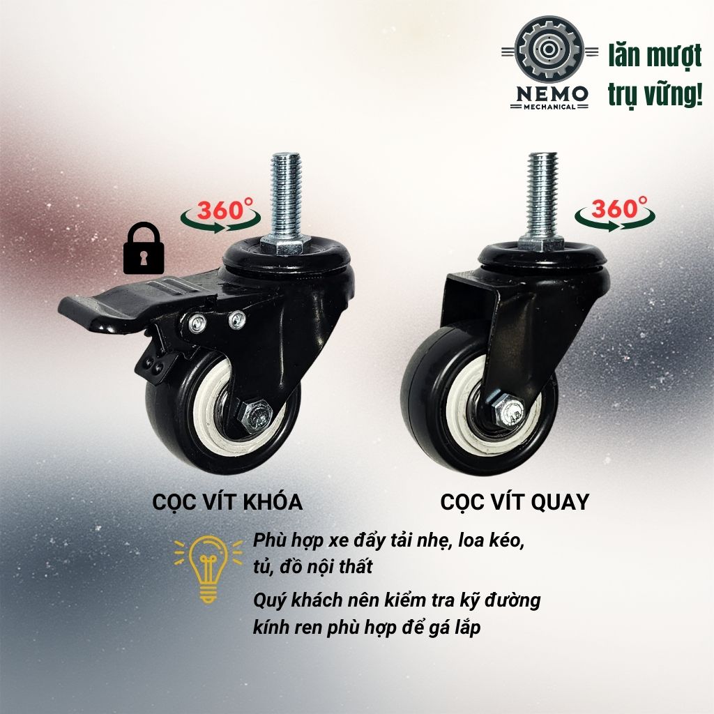 Bánh Xe Đẩy Hàng Cọc Vít Đen Trắng – Nhựa PVC, Chân Ren M8/M10/M12 (D40, D50, D63)